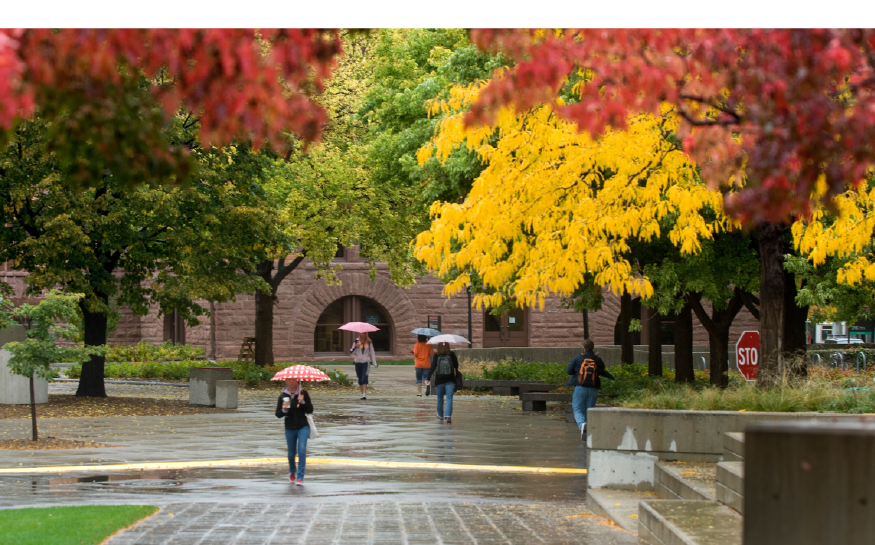 students walking through the rain on a fall day